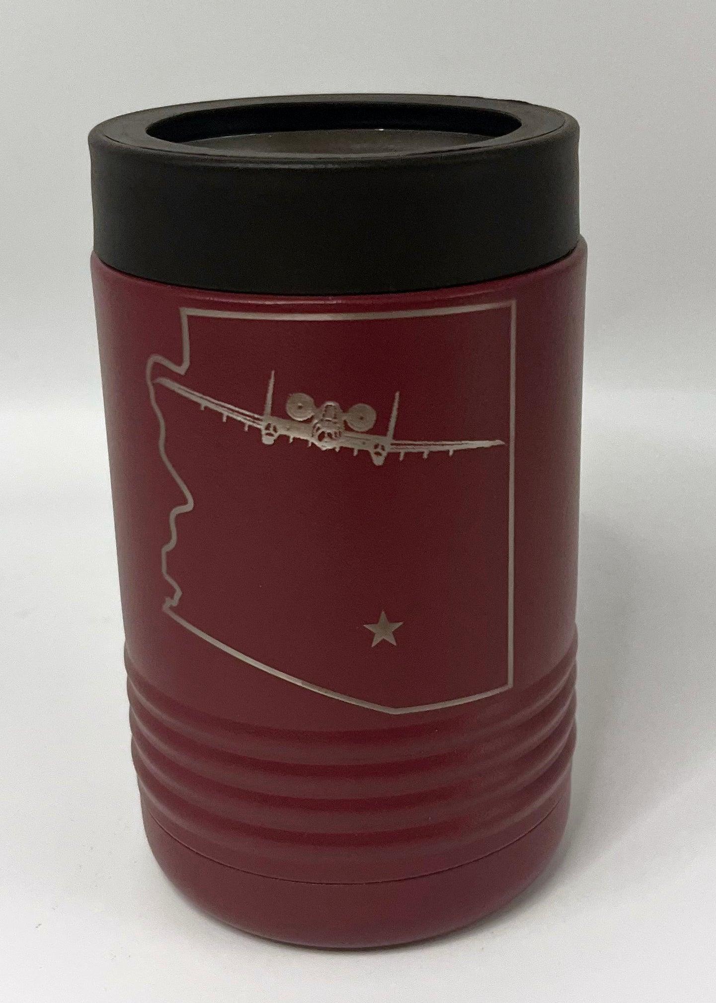 State of AZ with Plane, Maroon Beverage Holder - Holds 12 and 16 oz cans or 12 oz bottle - Lazer Made