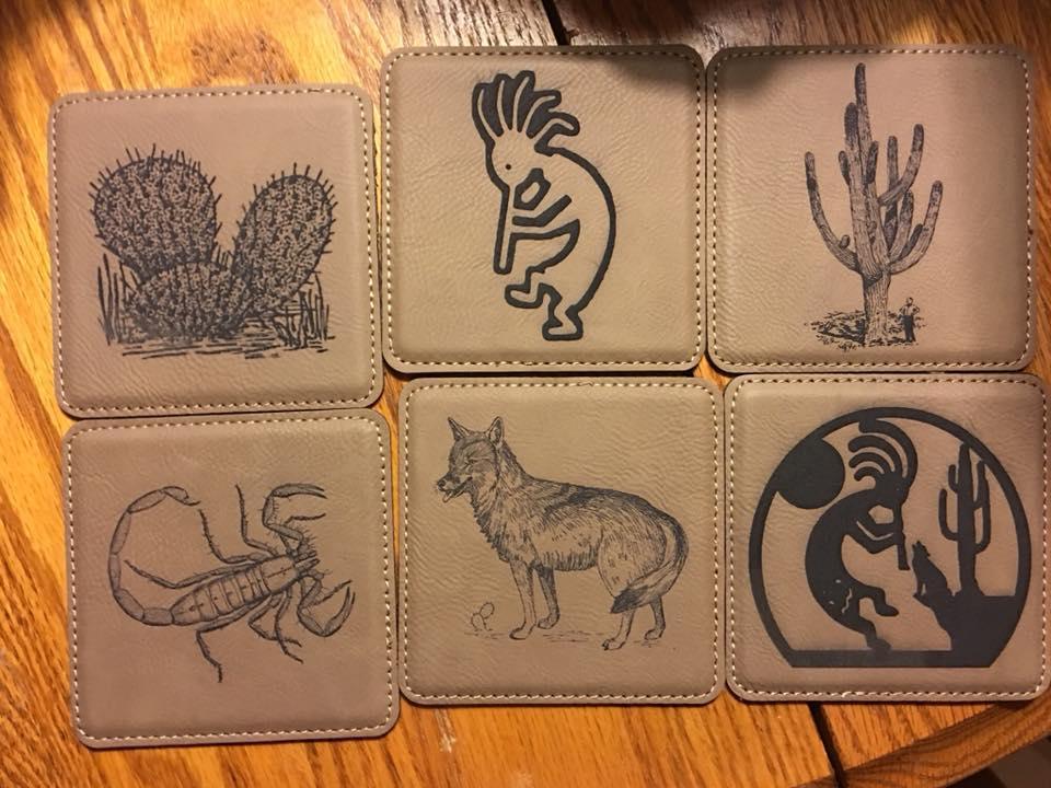 Arizona Southwest 6 Leatherette Coasters w/Holder - Lazer Made