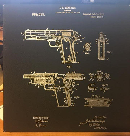 Browning 1911 Patent Drawing Customizable 10 x 10 Leatherette Wall Decor - Lazer Made
