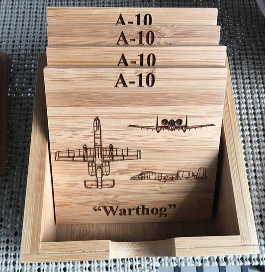 A-10 Warthog Customizable Bamboo Coaster Set - Lazer Made